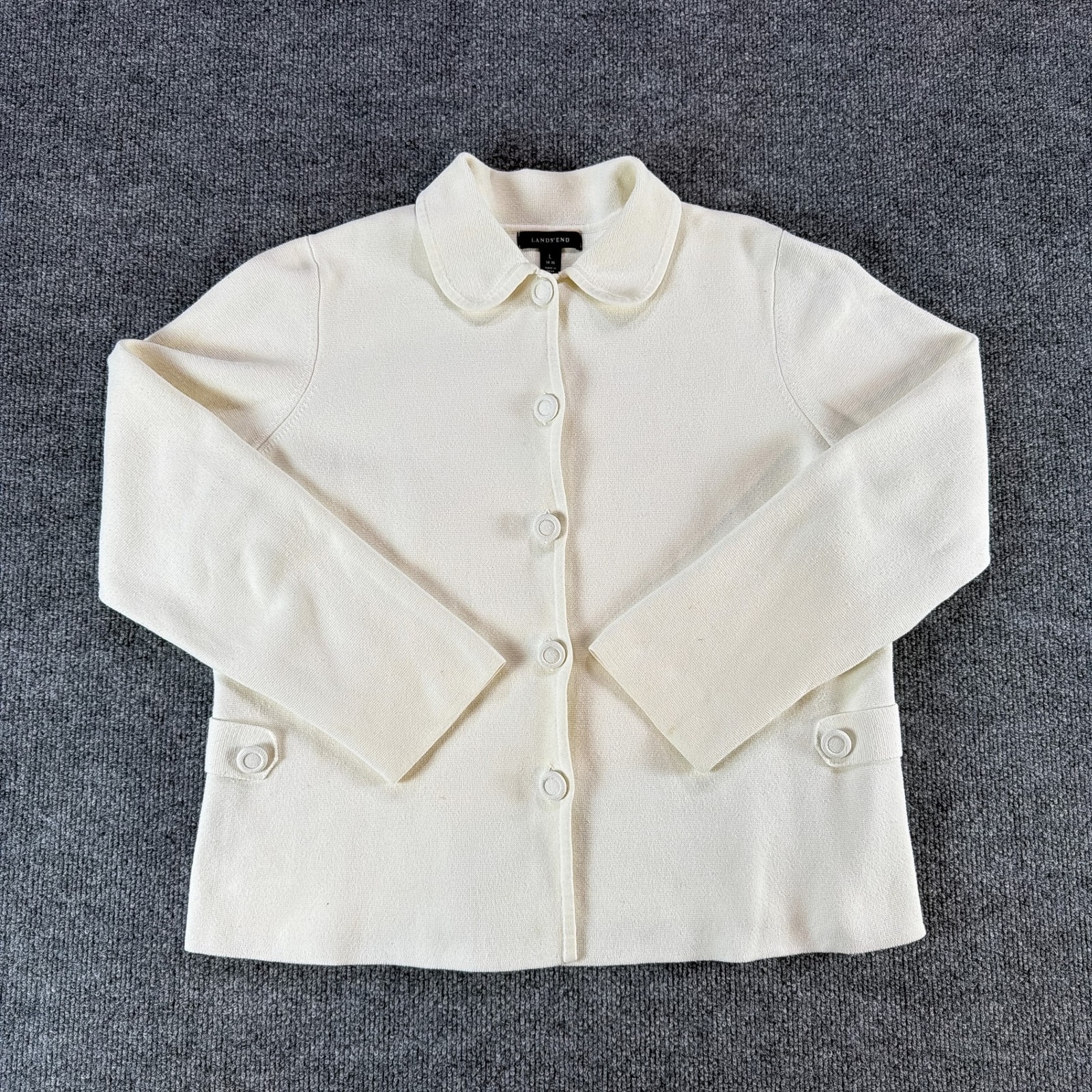 Lands End Womens Cream Supima Cotton Peter Pan Jacket Cardigan Sweater L 14-16
